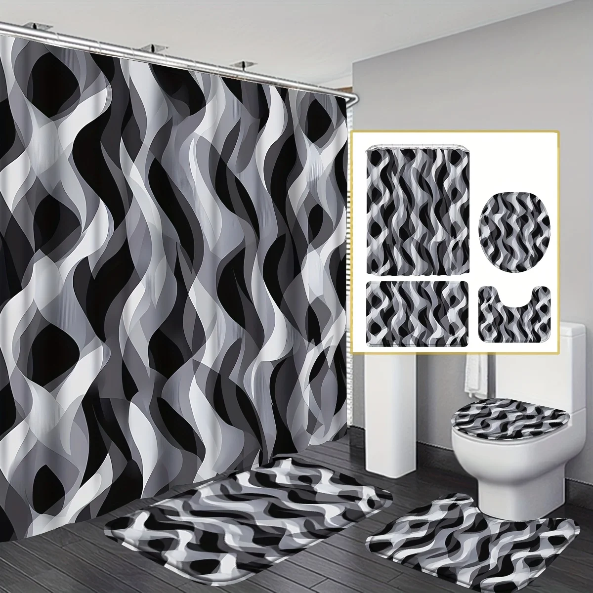 

4pcs Black And Grey Shower Curtain Set For Bathroom, Black And White Modern Abstract Striped Minimalist Bathroom Curtains With 1