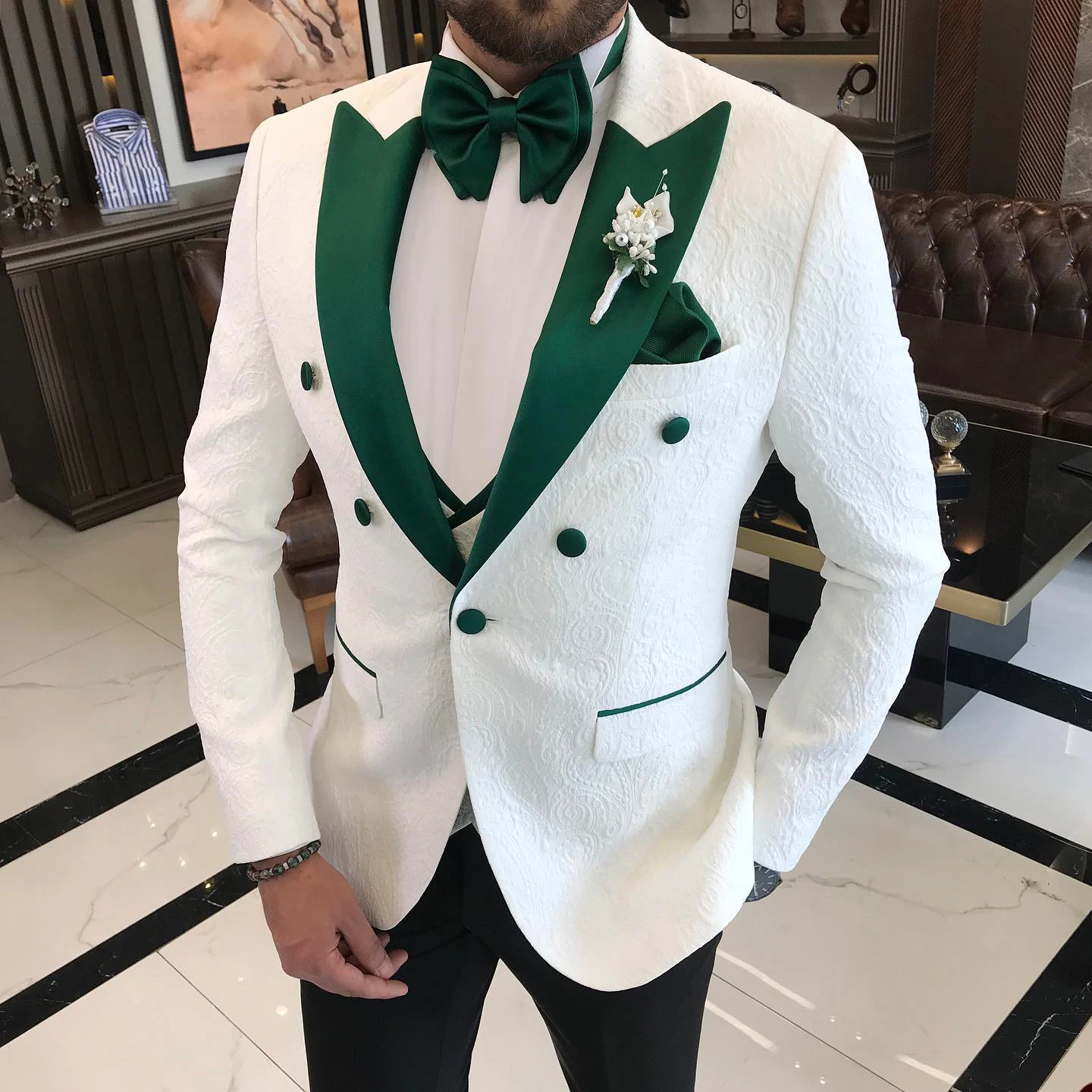 Setelan Pria Double Breasted untuk pernikahan 3 potong Slim Fit pakaian pengantin pria t-shirt kerah tuksedo Prom ketat rompi Blazer buatan kustom dengan celana