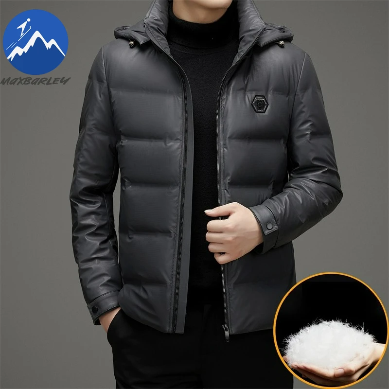 

Maxbarley Men Short Down Jacket Business Casual Windproof Leather Parka Classic Detachable Hood Outdoors Lightweight Winter Coat