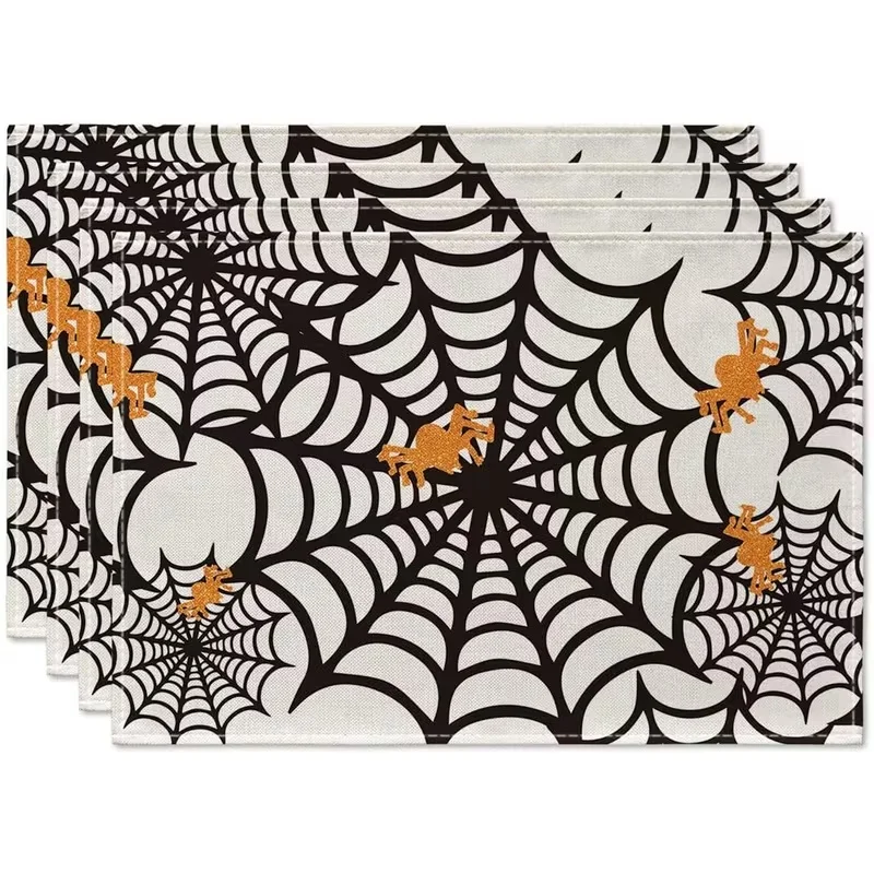 Spider Web Spider Linen Placemats, Halloween Printed Table Mats, Holiday Household Dining Decor