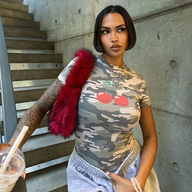 

Female Camouflage Cherry Print Hotsweet Tops Shirts Tees Women Vintage Streetwear T Shirts Sexi Y2K Ins Chic Trendy Summer Tees