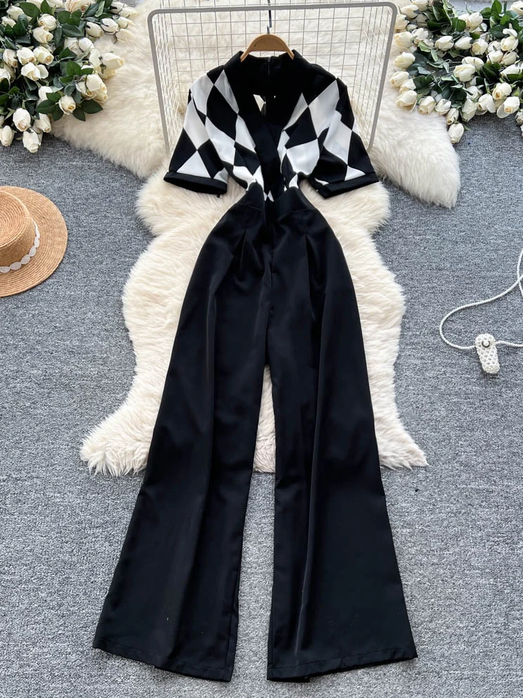 여름 여성 반팔 오피스 레이디 캐주얼 점프 슈트 세련된 우아한 인쇄 패치 워크 넓은 다리 스트레이트 레그 바지 C311