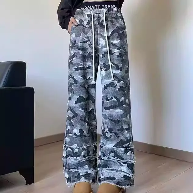 

Summer Large Size 300 Pounds Hong Kong Style Retro Camouflage Grey Jeans Men Loose Pants Color Block Straight Leg Wide Leg Pants