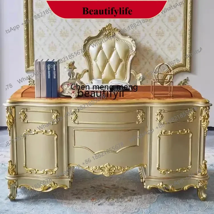 

D178 H European French study table solid wood office desk champagne gold desk 1.5 meters boss table and chairs