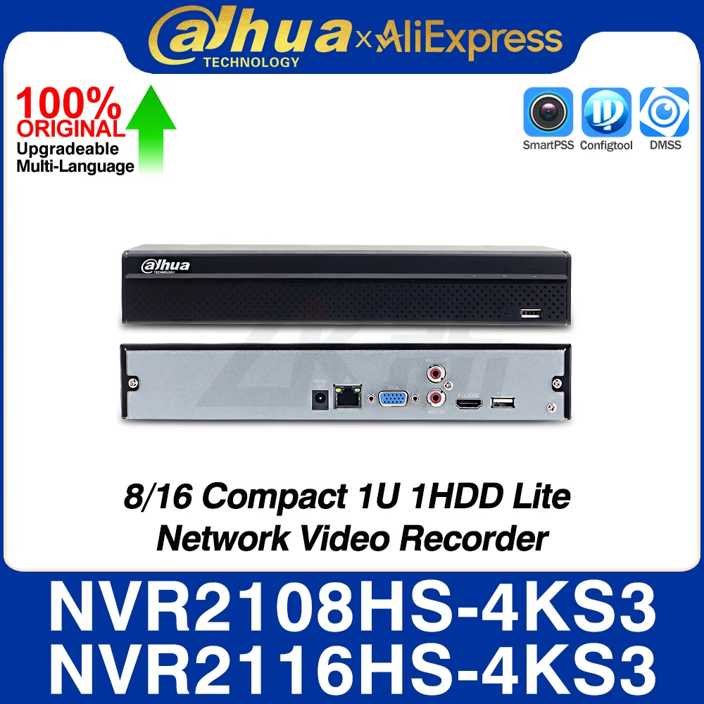 Dahua NVR2108HS-4KS3 NVR2116HS-4KS3 8/16CH Compact 1U 1HDD Lite Network Video Recorder Smart H.265+ SMD Plus Alarm Audio I/O