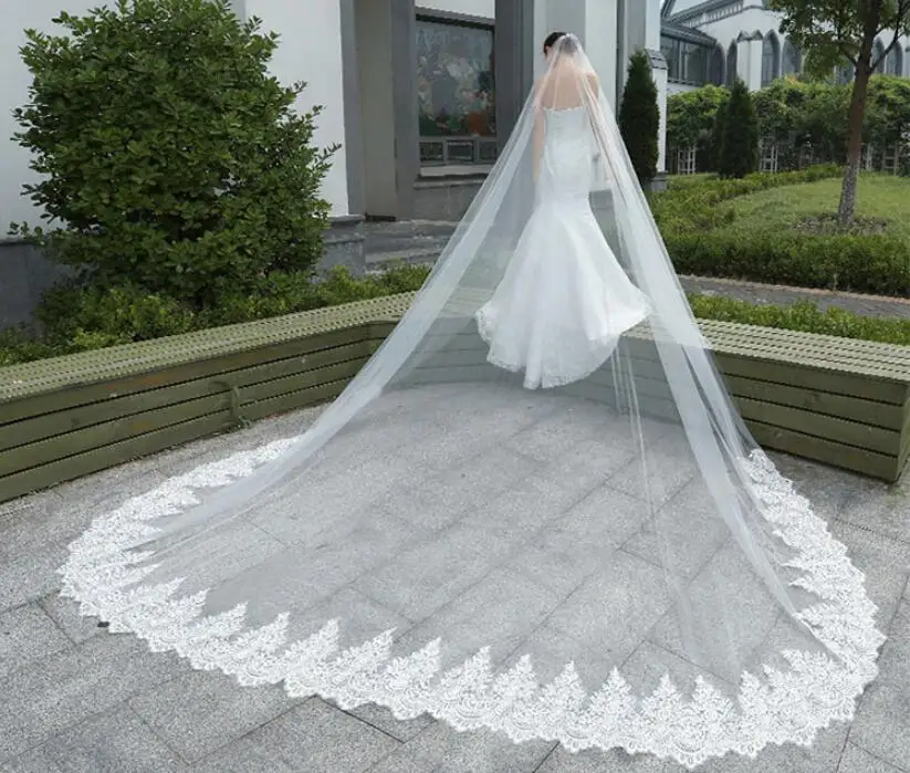 Voile de mariage en dentelle Chic, 4 mètres de Long, avec traîne, chapelle, Appliques, bord en dentelle, accessoire de mariage sur mesure