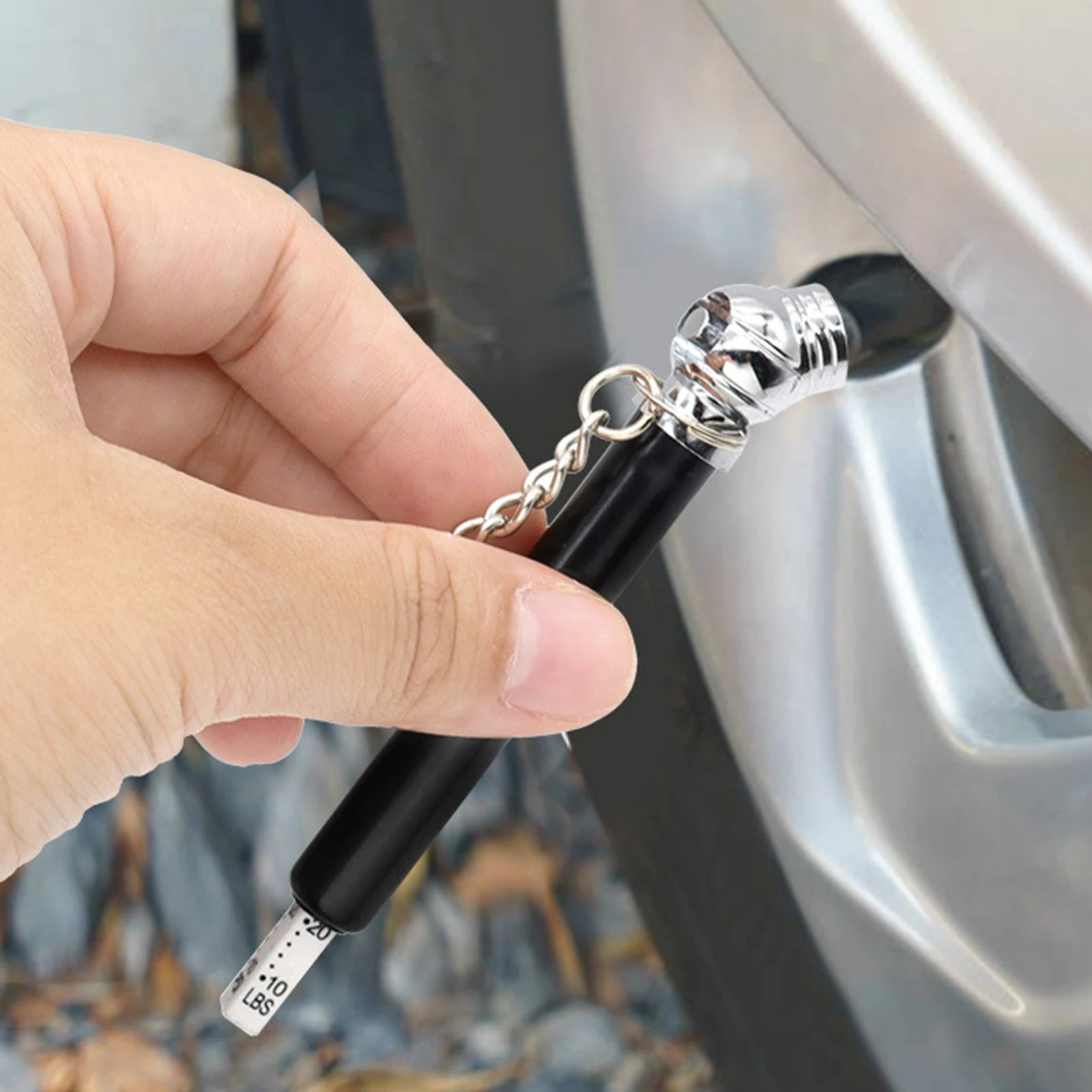 Car Vehicle Mini Tire Pressure Gauge Wheel Pressure Gauge Random Color 10-50PSI with Hanging Chain Sturdy Aluminium 8cmx0.9cm