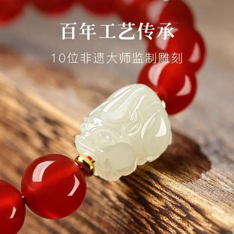 الطبيعية Hetian اليشم Pixiu زودياك جوهرة الميلاد بوذا محظوظ حبة سوار للرجال والنساء العقيق الأحمر مجوهرات مُزينة بالخرز HandString