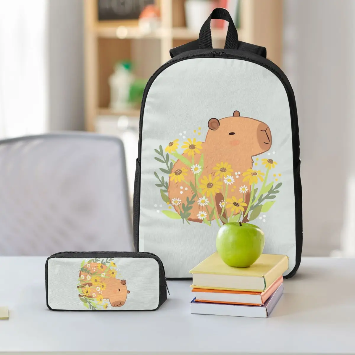 كابيبارا مع زهور الأقحوان على ظهره بنين بنات BookBag حقيبة مدرسية كمبيوتر محمول حقائب كتف 3ps معزول حقيبة الغداء مقلمة #6