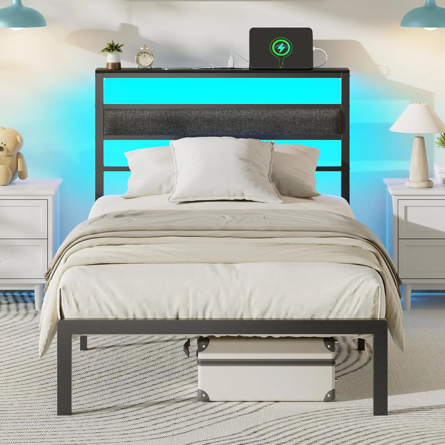 Twin Bed Frames, Upholstered Headboard and Storage Shelf, Black