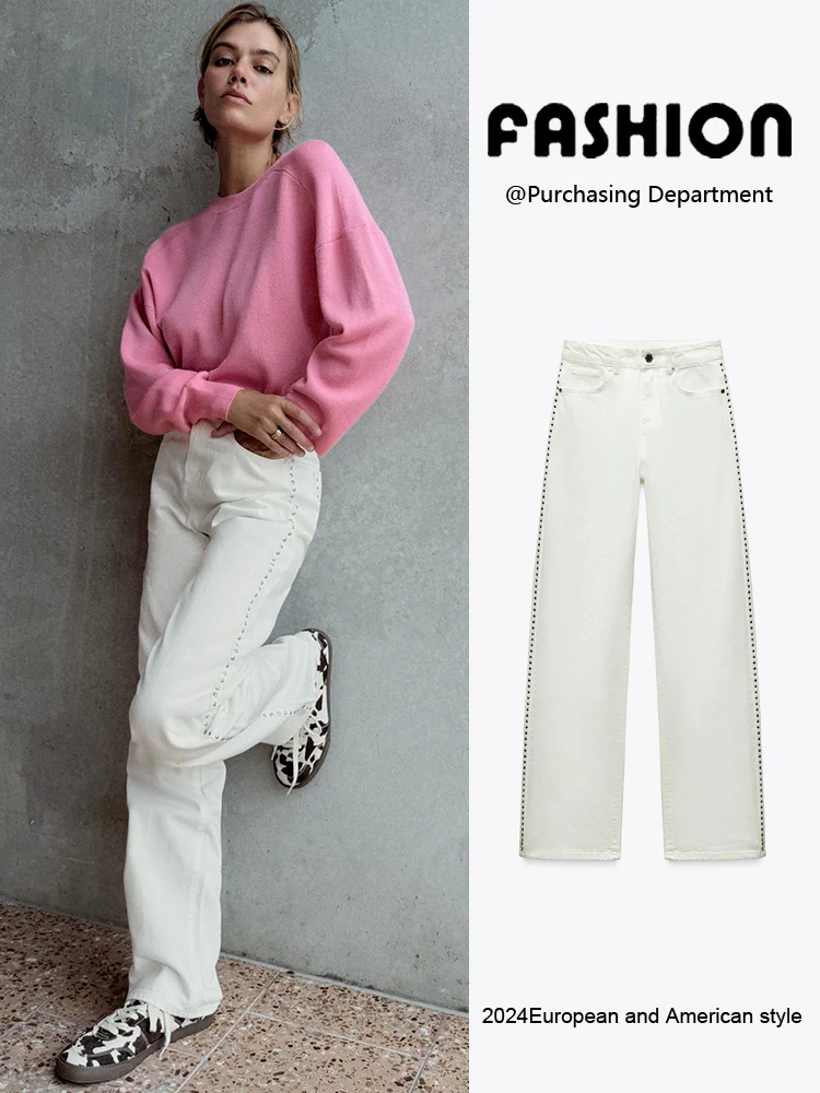 

Модные прямые джинсы женские с высокой талией, длинные брюки с заклепками, утягивающие, универсальные, новинка осени 2025