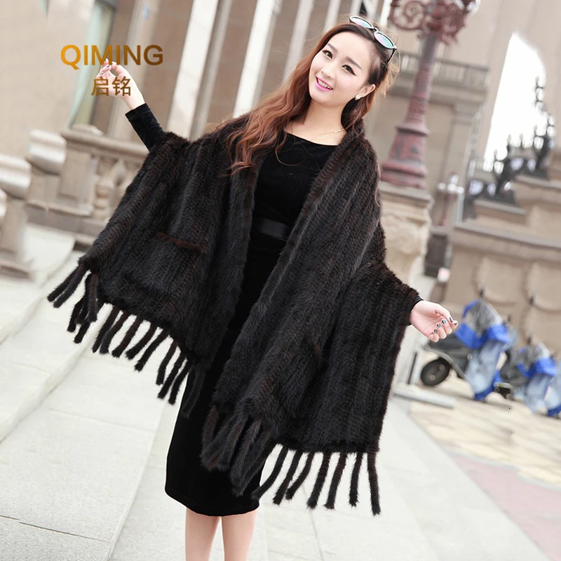 Women Real Mink Fur Shawl Knitted Big Size With Tassels Female Real Fur Capes and Wraps Pashmina Luxury Winter Scarf Coats