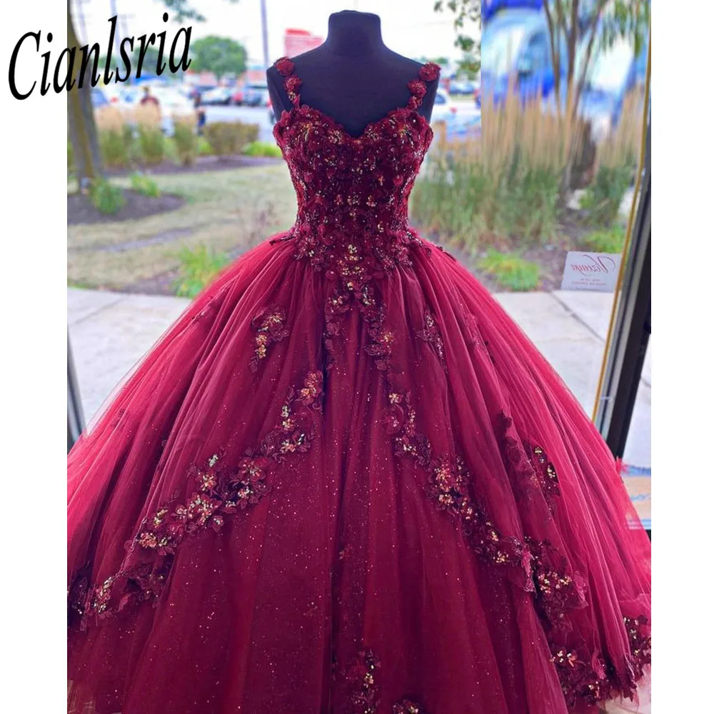 فساتين Quinceanera ذات الكرة الحمراء والزهور المصنوعة يدويًا مزينة بالدانتيل واللؤلؤ مشد فيستدو دي 15 أنوس