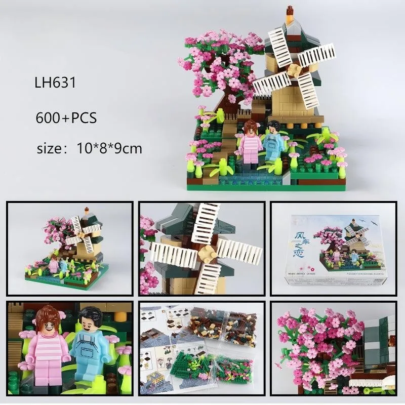 OUZEY 600 + peças MOC Mini blocos de construção: quatro estações Sakura e moinho de vento casa micro tijolos montar kit, presente criativo para crianças
