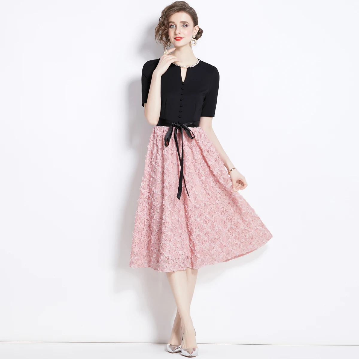 Fairycore Pink Dress Patchwork Fake Two Three-dimensional Flower Dress Skirt Hand Nail Drill Big Swing Skirt