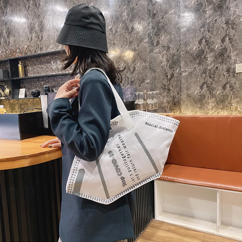 Feminino criativo engraçado grande máscara saco de compras lona bolsa de ombro saco de armazenamento em casa bolsa tote