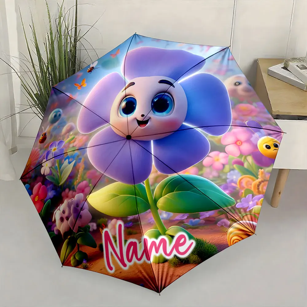 Custom Name  Colorful Cartoon Flower-Inspired Umbrella Design Print 8 Iron Ribs Folding Umbrella Auto-Open Fashion Sunshade