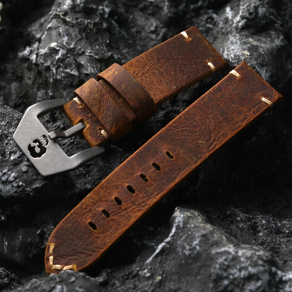 Vintage Men\'s Skull Cowhide Leather Strap, 24MM Thick Genuine Leather Strap, Vintage Brown, Fits PAM 111 44MM Dial Watch Bracele