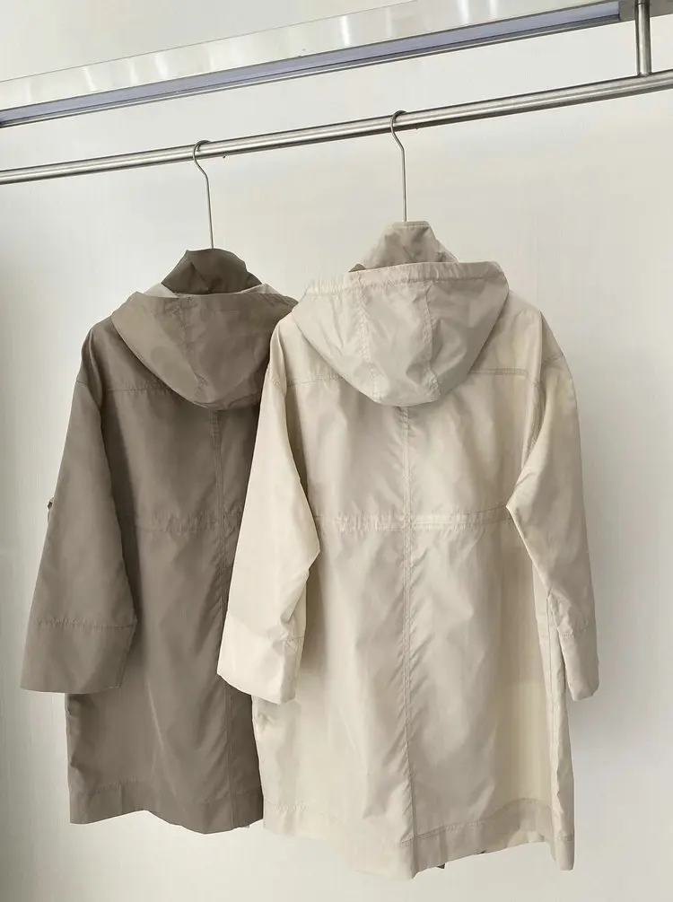 Damen mittellanger Trenchcoat Langarm einfarbig lässig lose Kapuzen jacke