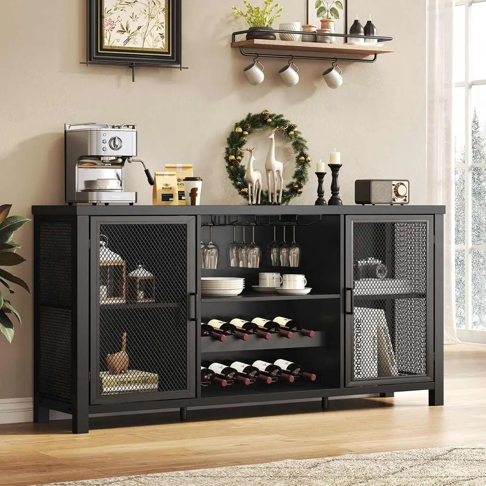 

Black Wine Bar Cabinet, Coffee Bar Cabinet with Storage, Farmhouse Kitchen Buffet Cabinets with Rack for Liquor Coffee, Industri