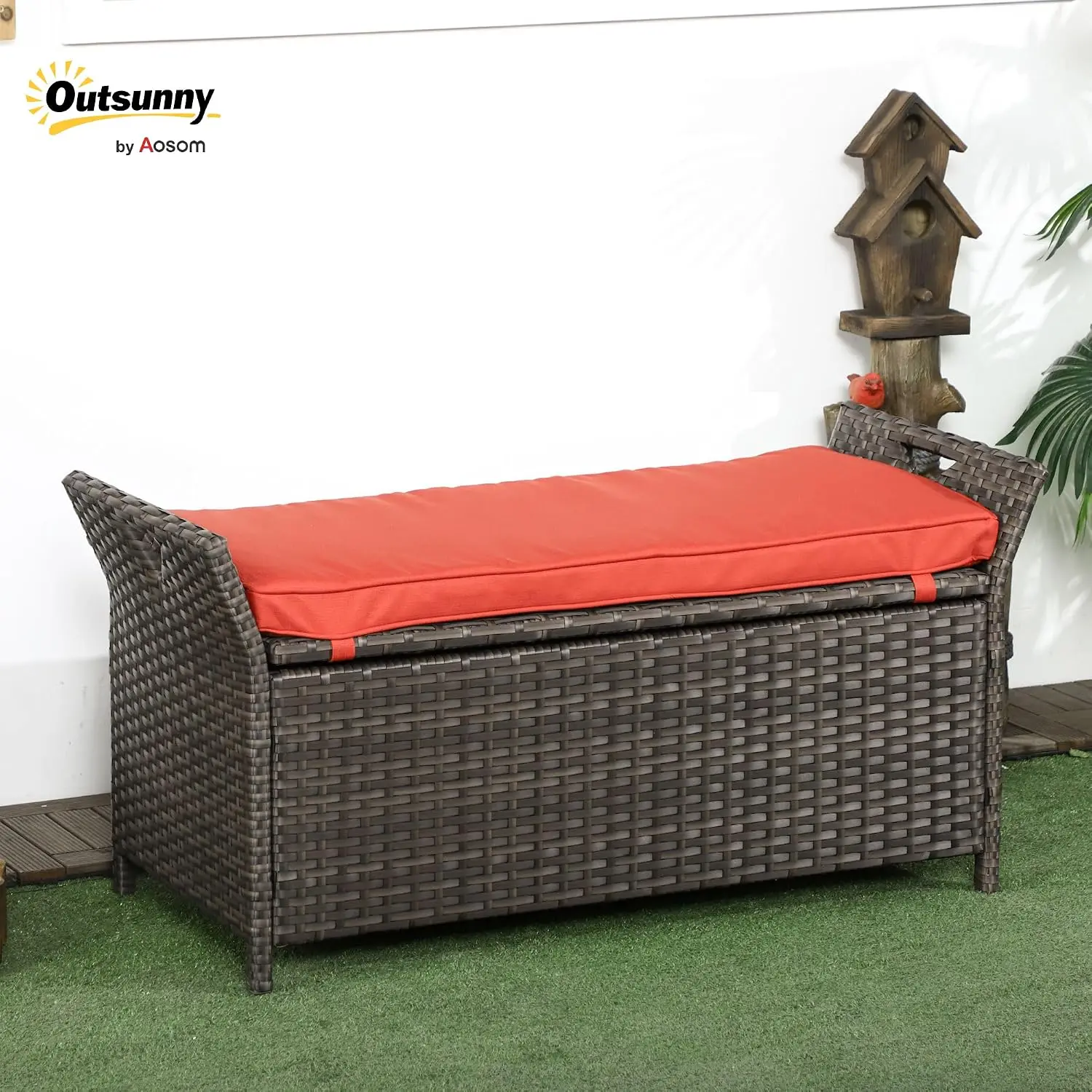 29 Gallon Patio Wicker Storage Bench Outdoor PE Rattan Red, Customized