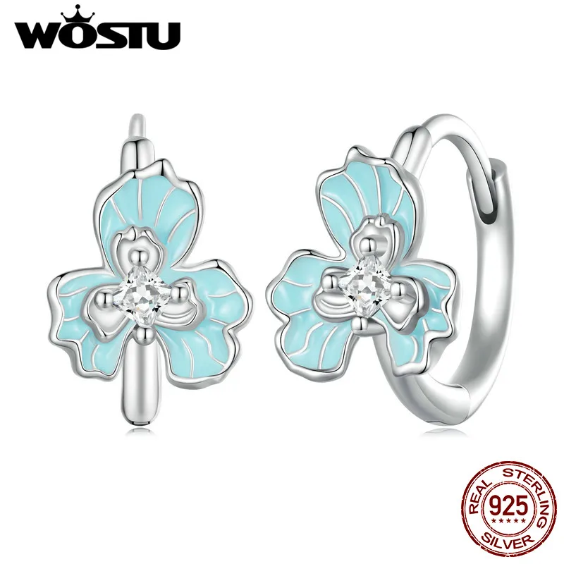 WOSTU 925 Sterling Silver Blue Iris Flower Hoop Earrings For Women Wedding Party Jewelry Gift Shiny Zircon Drop Ear Clips E843