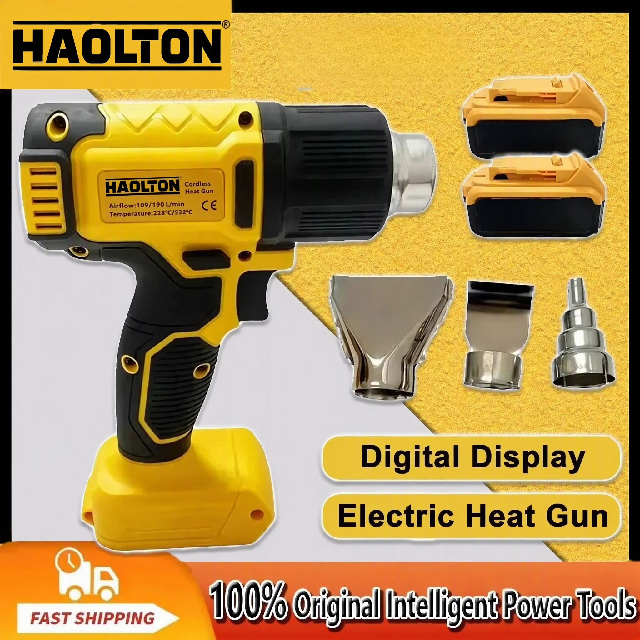 Cordless Heat Gun For Shrink Tubing - HAOLTON コードレスヒートガン ブラシレス 20V、60-540 ℃ 4段階の風量調整が可能なLCDディスプレイ付き、DEWALT