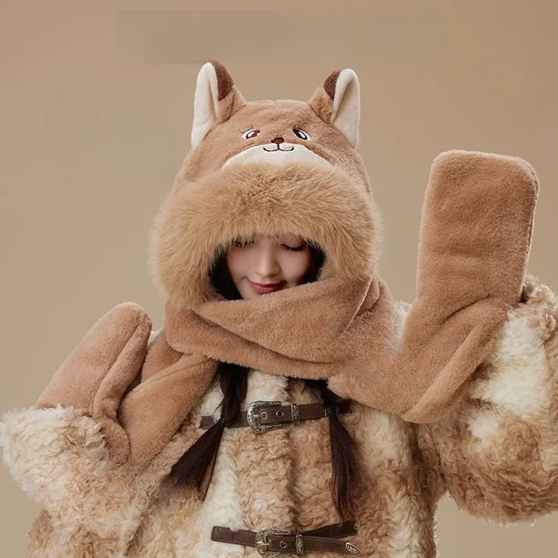 مجموعة قفازات وشاح للأذن على شكل ثعلب كرتوني للأطفال، قناع بقلنسوة متصل من القطيفة 3 في 1 للأنشطة الخارجية للعب الأدوار في الشتاء #3