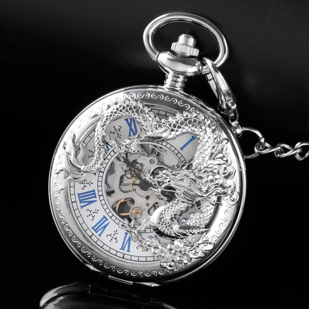 

Silver-White Flying Dragon Sculpture Mechanical Pocket Watch Hollow-Out Case Analog Skeleton Men's Mechanical Pocket Watch