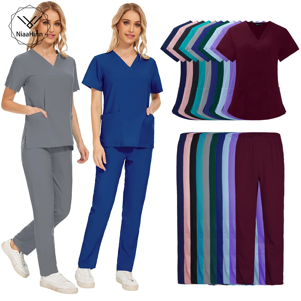 Conjunto de top e corredores de manga curta feminino, fato de esfrega, uniforme médico, simples, cores sólidas, atacado, designer