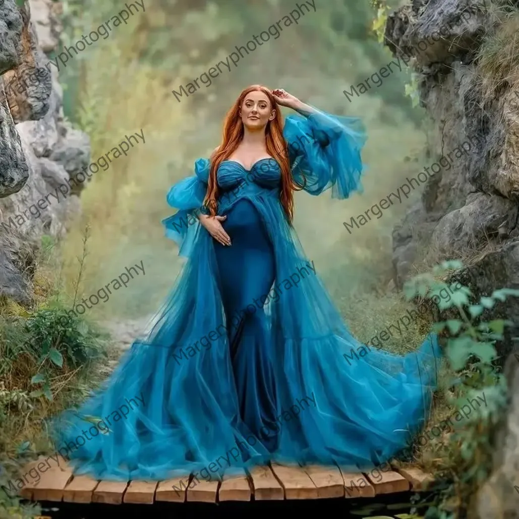 Pretty lake azul tule vestido de maternidade mangas inchadas malha babados em camadas vestidos de maternidade longo gravidez sessão de fotos outfit