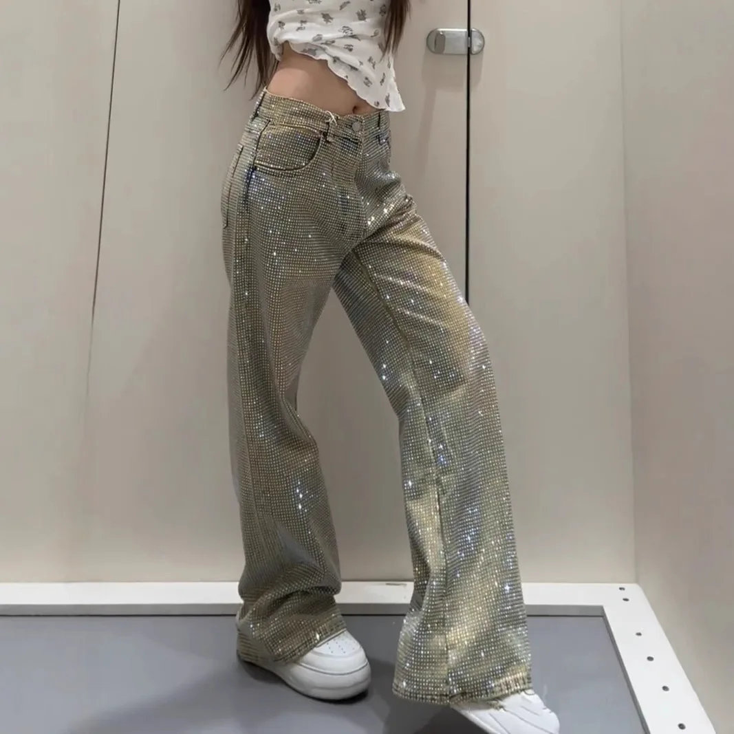 

Spring/Summer 2025 new crystal Sparkling Diamond wide-leg pants for women, straight high-waist sparkling diamond jeans for women