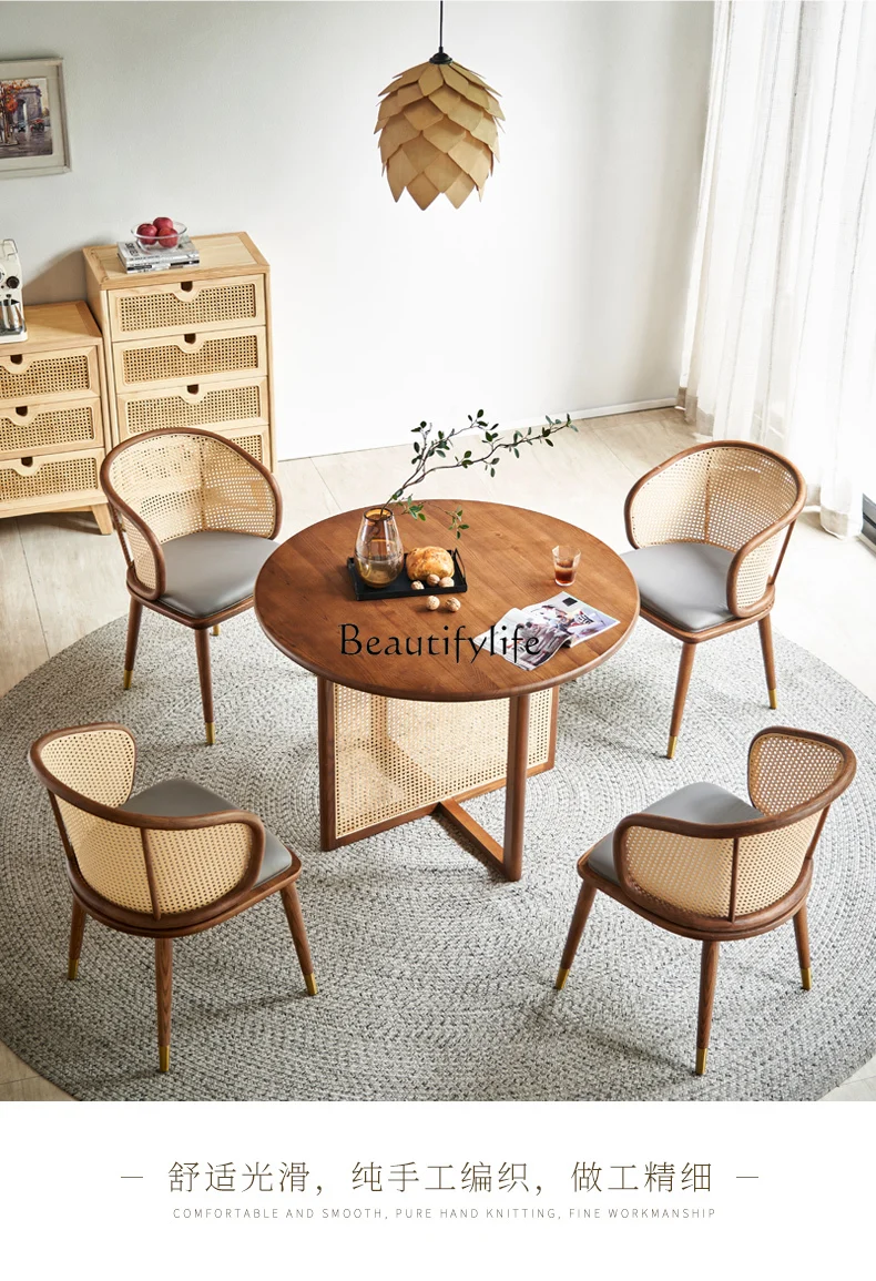 

yj32 Solid wood dining table household small apartment dining table and chair combination Nordic rattan round table