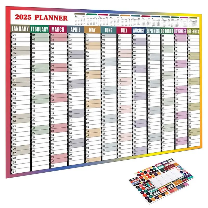 ปฏิทินผนังโปสเตอร์ 2025 12 เดือนประจําปีรายปี Wall Planner พร้อมสติกเกอร์กระดาษหนาบ้านองค์กรสําหรับการวางแผน