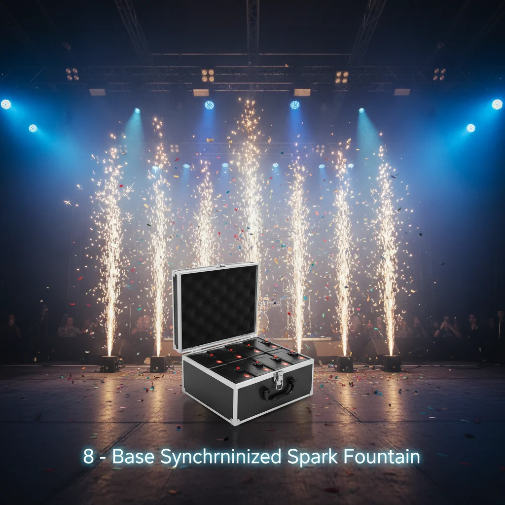 Máquina de fuegos artificiales de chispa fría, 8 bases con 2 mandos a distancia, bengala de escenario alimentada por batería para eventos de fiesta de boda, estuche portátil