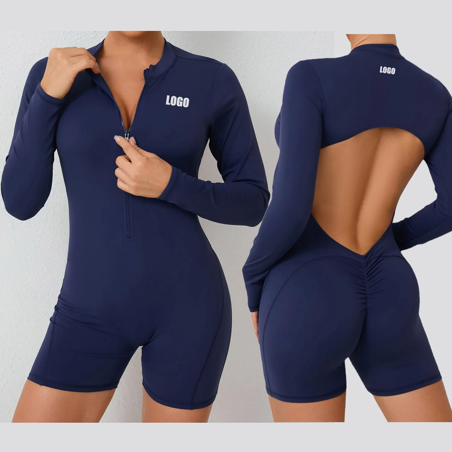 Custom LOGO hollow back half-open zipper one-piece suit peach hip sports fitness big halter quick-drying one-piece yoga top