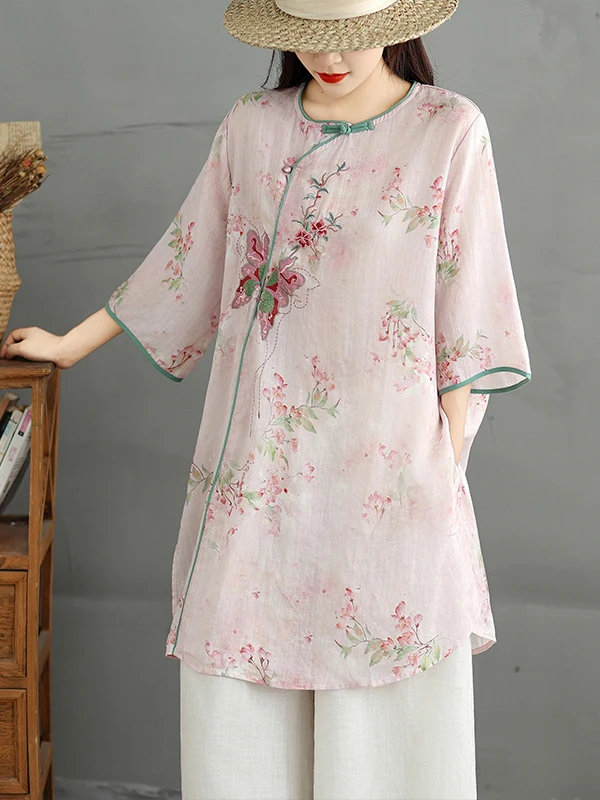 

New Chinese Sle Embroidered Asymmetrical irt Women's Summer 2025 Mid-Length Flax Belted Midi Sve irt Ele Top