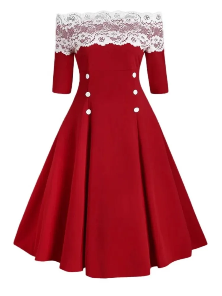 

Temperament Elegant Dress Vestido Dresses 2025 Woman Slim Contrast Quarter Sleeves One Line Neck Lace Patchwork Christmas Button