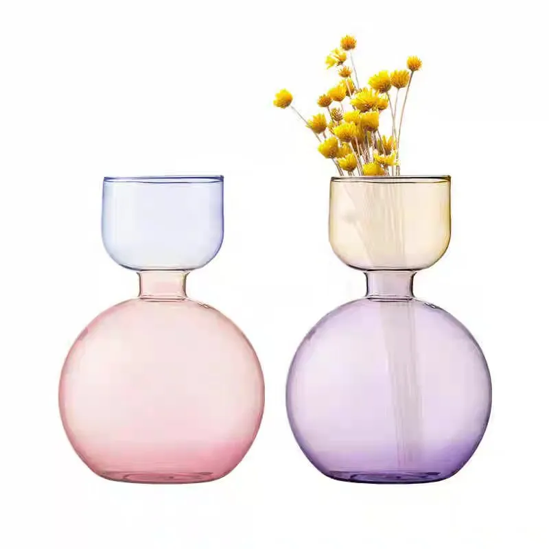 Nordic Gradient Two-tone Glass Vase, Sphere Base Cup Neck Hydroponic Flower Vase