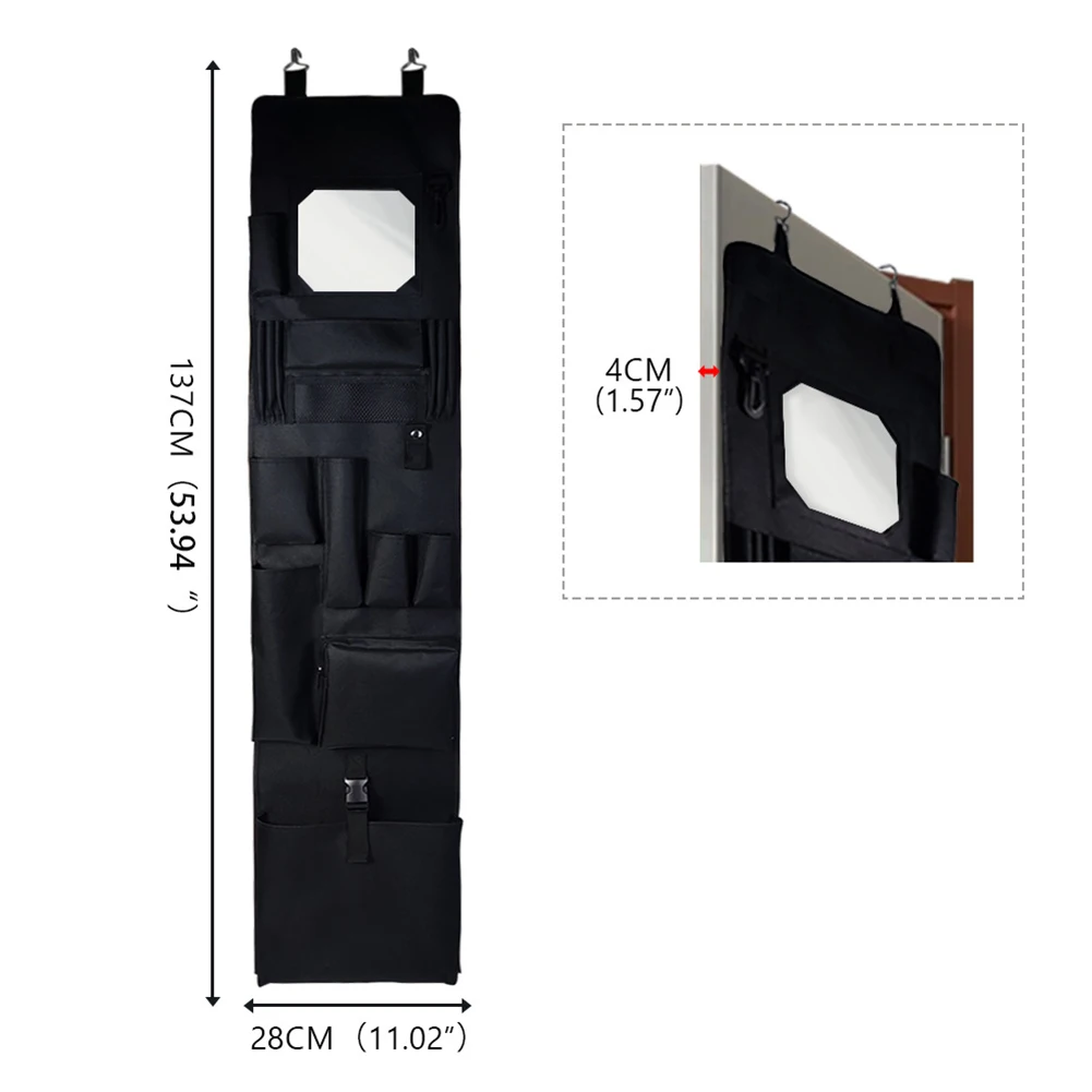 

Hanging Organizer Bag with Mirror for Lockers and Walls Multiple Storage Compartments 28x132cm Black Polyester