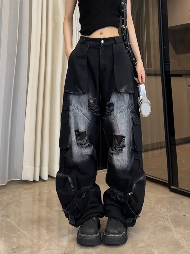 

Women's Black Gothic Ripped Jeans Cargo Baggy Y2K American High Street Harajuku 90S Retro High Waist Wide Leg Jeans Pants 2025