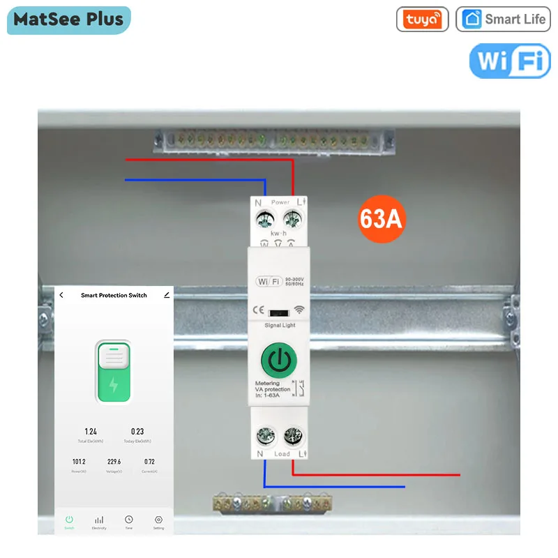 Interruttore automatico intelligente WiFi Tuya con timer interruttore 63A contatore di energia monitor KWH protezione da sovraccarico supporta Alexa Google Home