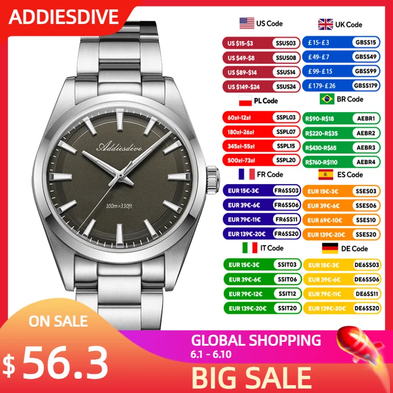 

ADDIESDIVE Quartz Watch Luxury VH31 Waterproof 100m AR Coating Domed Glass Stainless Steel Luminous 36mm Watch For Men AD2066