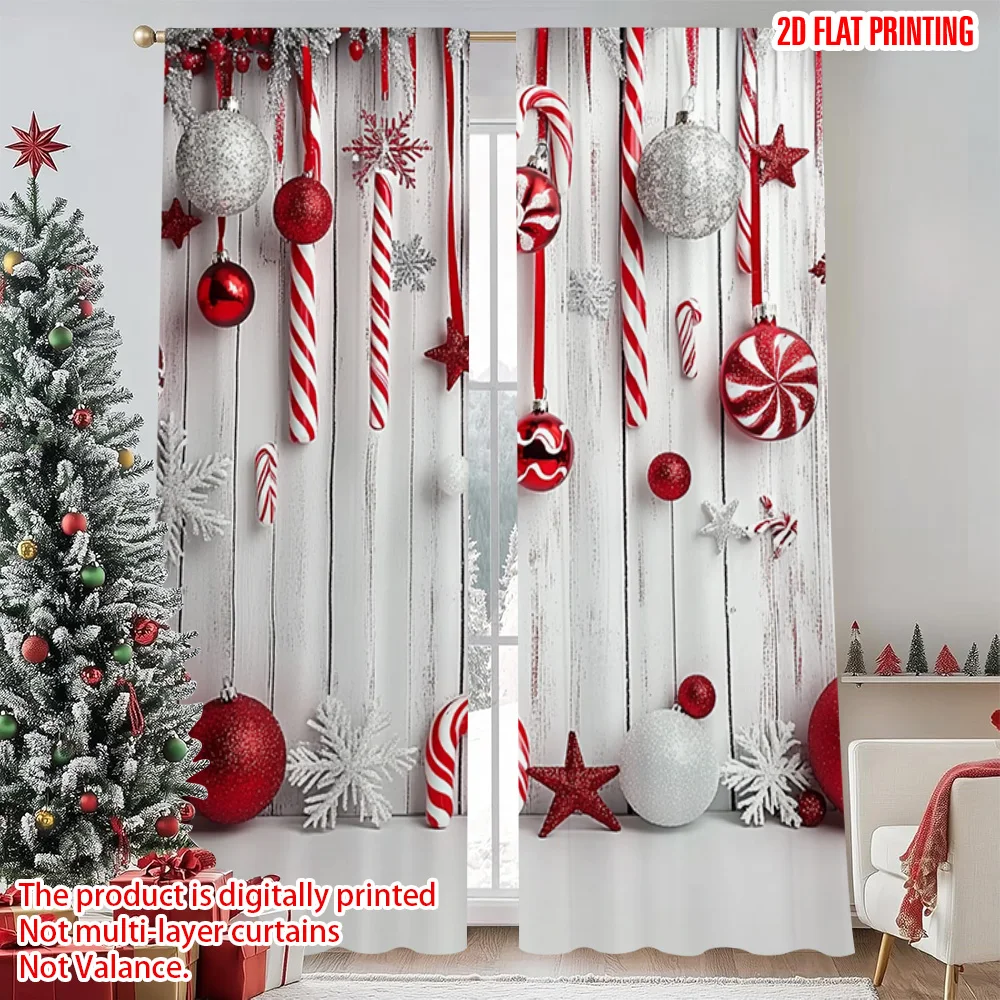 

2pcs 2D flat printing Christmas Scene Curtain Red candy cane Christmas Machine Washable Polyester Without Electricity Birthday