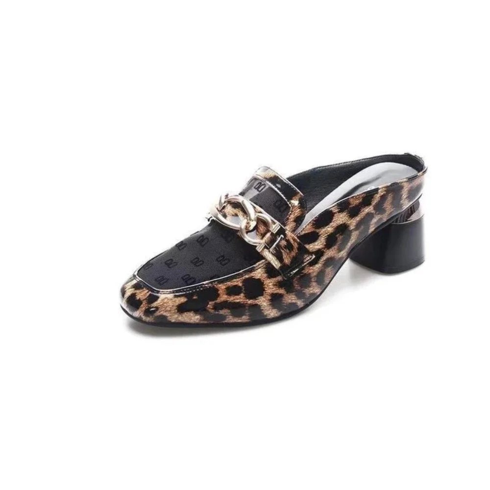 

Women Leopard Chain Pointed Toe Mid Heels Chunky Slippers Autumn Fashion New Walking Sandals Pumps Sexy Dress Femme Shoes