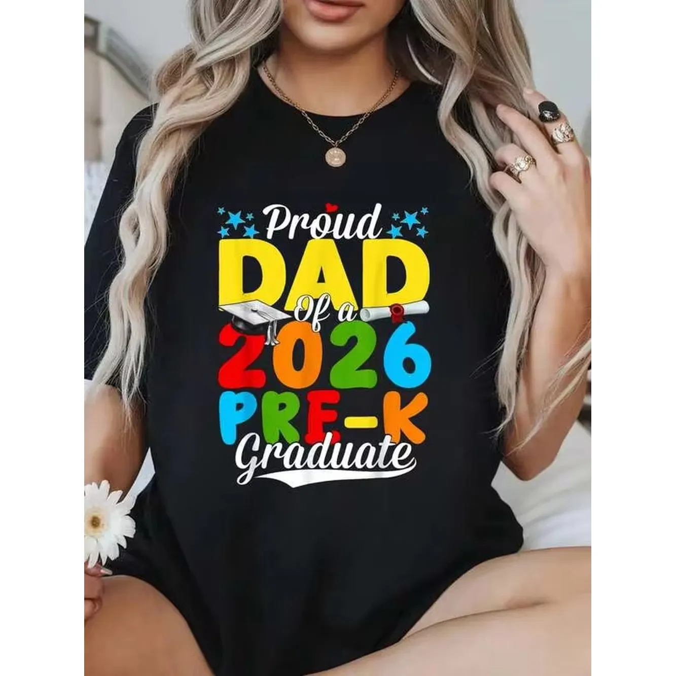 100% Cotton Summer Outfits For Women Funny Proud Dad Of A Class Of 2026 Pre-K Graduate Father T-Shirt Womens Soft Short Sleeve Top, Stylish Comfy Tee For Women Graphic Tees