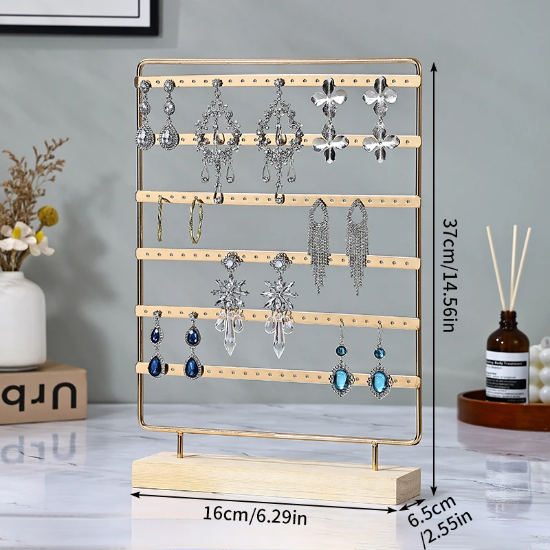 3 Sizes Metal Earring Display Stand Solid Wood Base Multi Tier Jewelry Organizer Rack Earring Stud Pendant Necklace Holder Retai