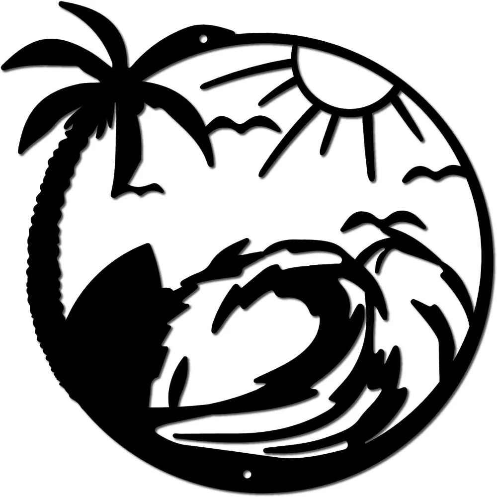CIFBUY Wrought Iron Metal Wall Art Rustproof Weather Resistant Indoor Outdoor Hanging Decor Seascape Palm Tree Sun Ocean Wave
