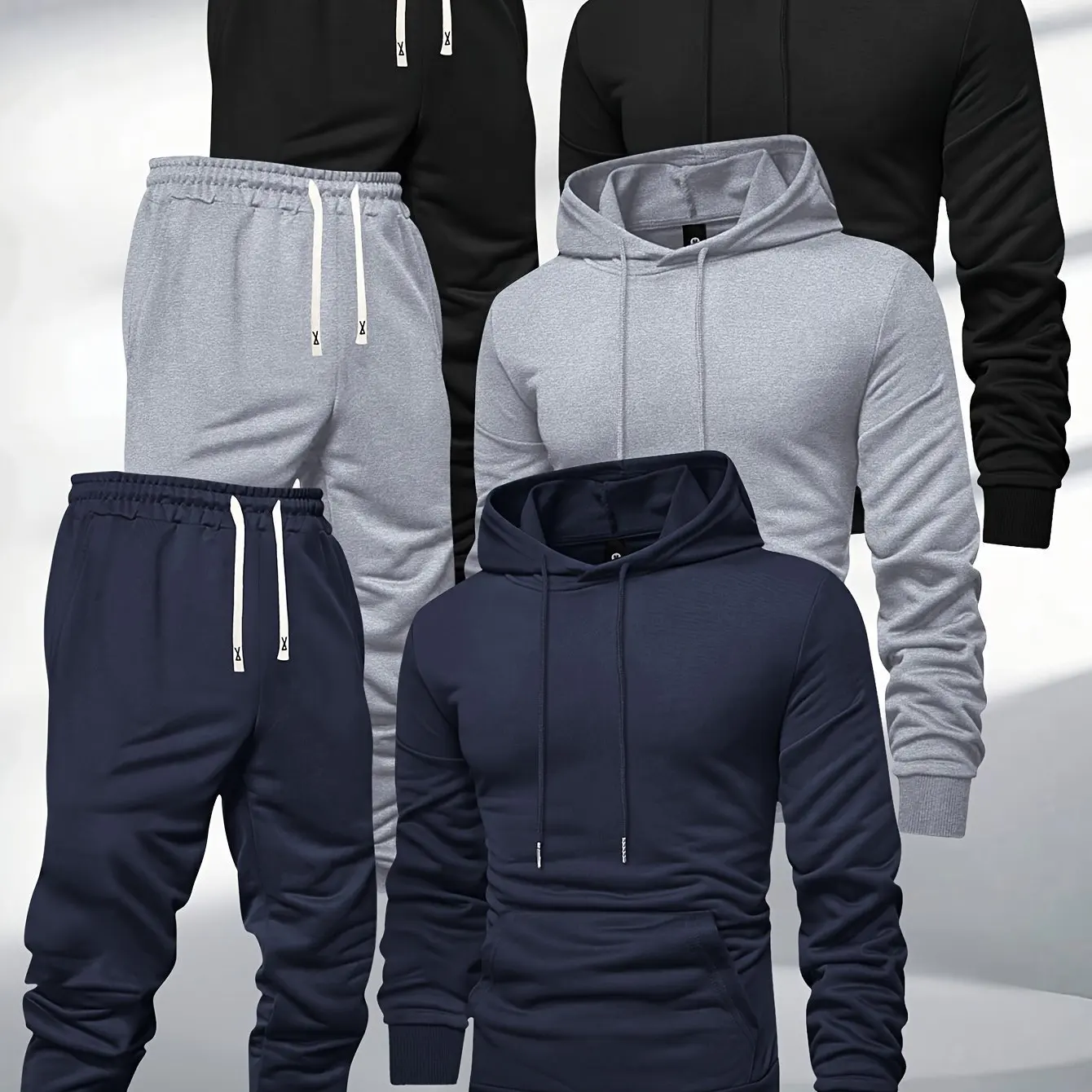 Herren 3-Teiliges Trainingsanzug-Set Einfarbiger Pullover-Hoodie Sweatshirt Jogginghose Frühling Herbst Lässige Sportbekleidung Locker Sitzendes Alltags-Outfit für Männer – Detail 11