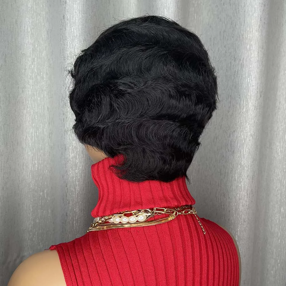 Krótka peruka pixie, naturalna czerń, włosy ludzkie, teksturowana, falowana, warstwowa peruka bob, wykonana maszynowo, dla czarnoskórych kobiet.